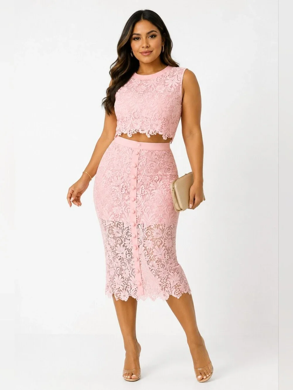 SHEIN Pink Floral Lace Two-Piece Crop Top & Midi Skirt Set Size XL / US 12.